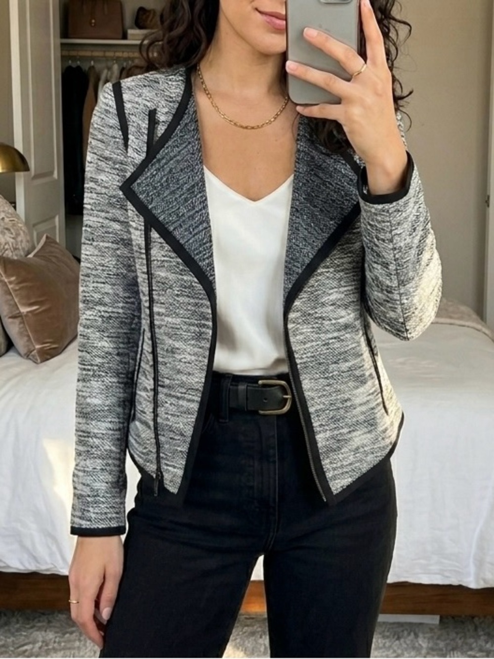 Ann Taylor Black-Trim Gray Tweed Blazer